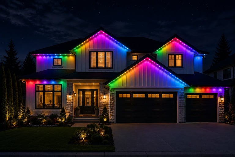 Modern two-story house illuminated at night with rainbow LED lighting on rooflines and exterior walls, dark driveways and landscaping visible